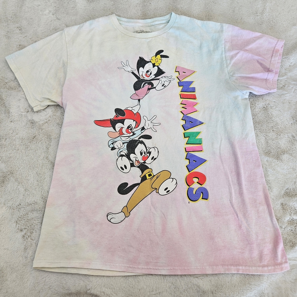 Vintage 90s Kidcore Cartoon Animaniacs Tie-Dye Crewneck Tee - Pastel Pink Blue